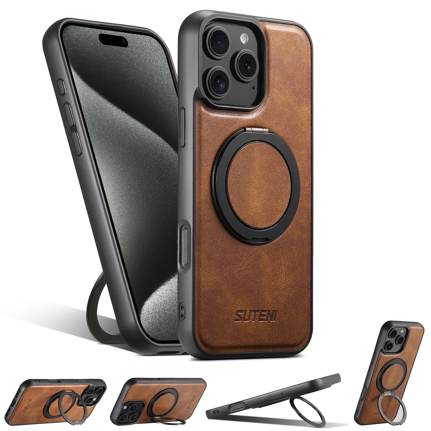 Strong Magnetic Compatible MagSafe Wireless Charging 360° Rotating Ring Stand PU Leather Phone Case For iPhone 17 16 15 14 13 12