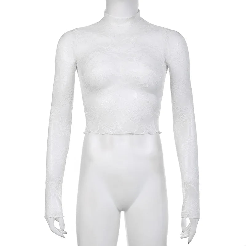 Lace Blouse Shirts Summer Women Turtleneck Long Sleeve See Through Lace Patchwork Thin Tops