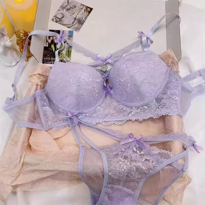 Lingerie Japanese Lace Bra Set, Heart Pendant Purple Lingerie Sexy & Pure Small Chest Push Up Bralette, Fashion Outerwear Design Enhancer