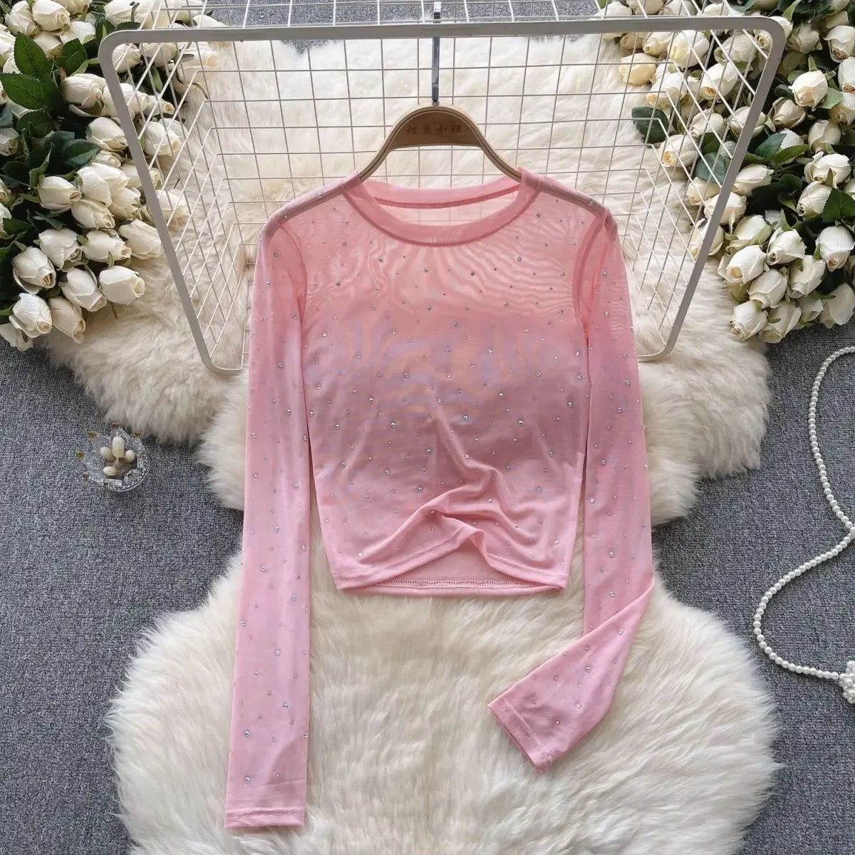 T-shirts Women Cropped Sequins Slim Sheer Solid Spring Summer Sexy Style Cozy Thin O-neck Clubwear European