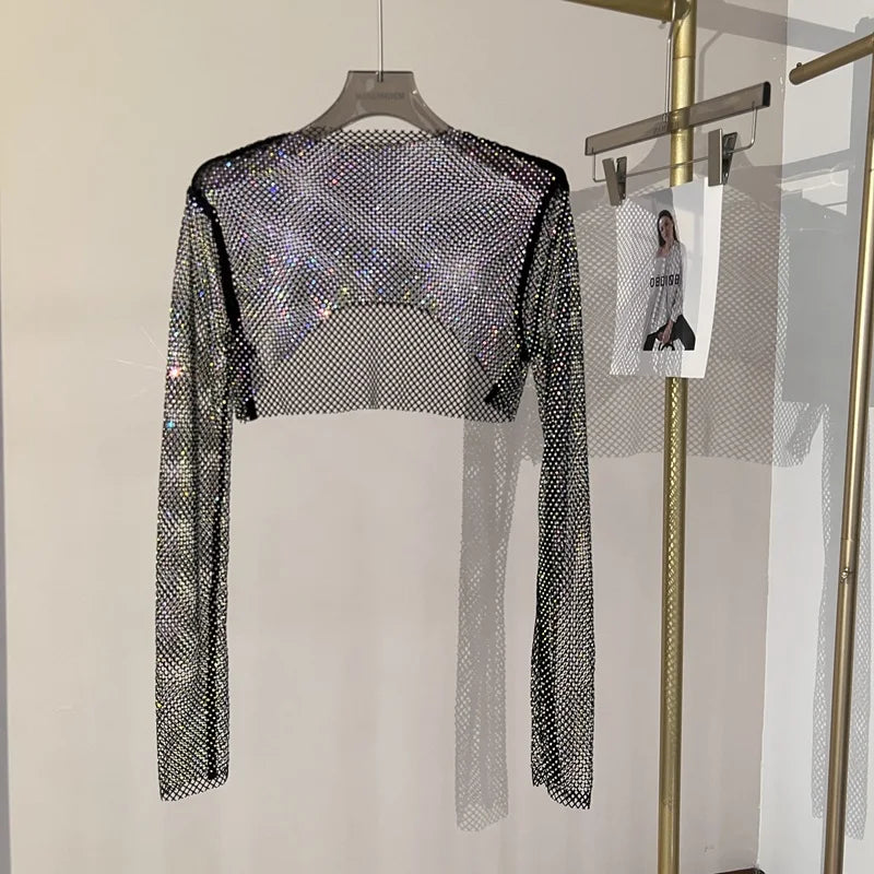 Bright diamond short top Slim thin Ms. hot drill long-sleeved T-shirt sexy leak waist nightclub