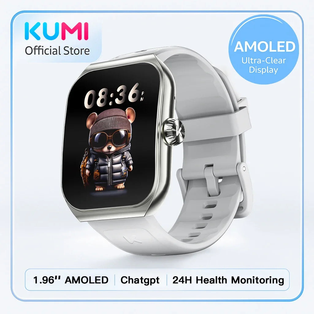 KUMI KU7 Smart watch 1.96" Amoled screen IP68 Waterproof 100+Sport Modes  Bluetooth Call Health Sleep Monitoring