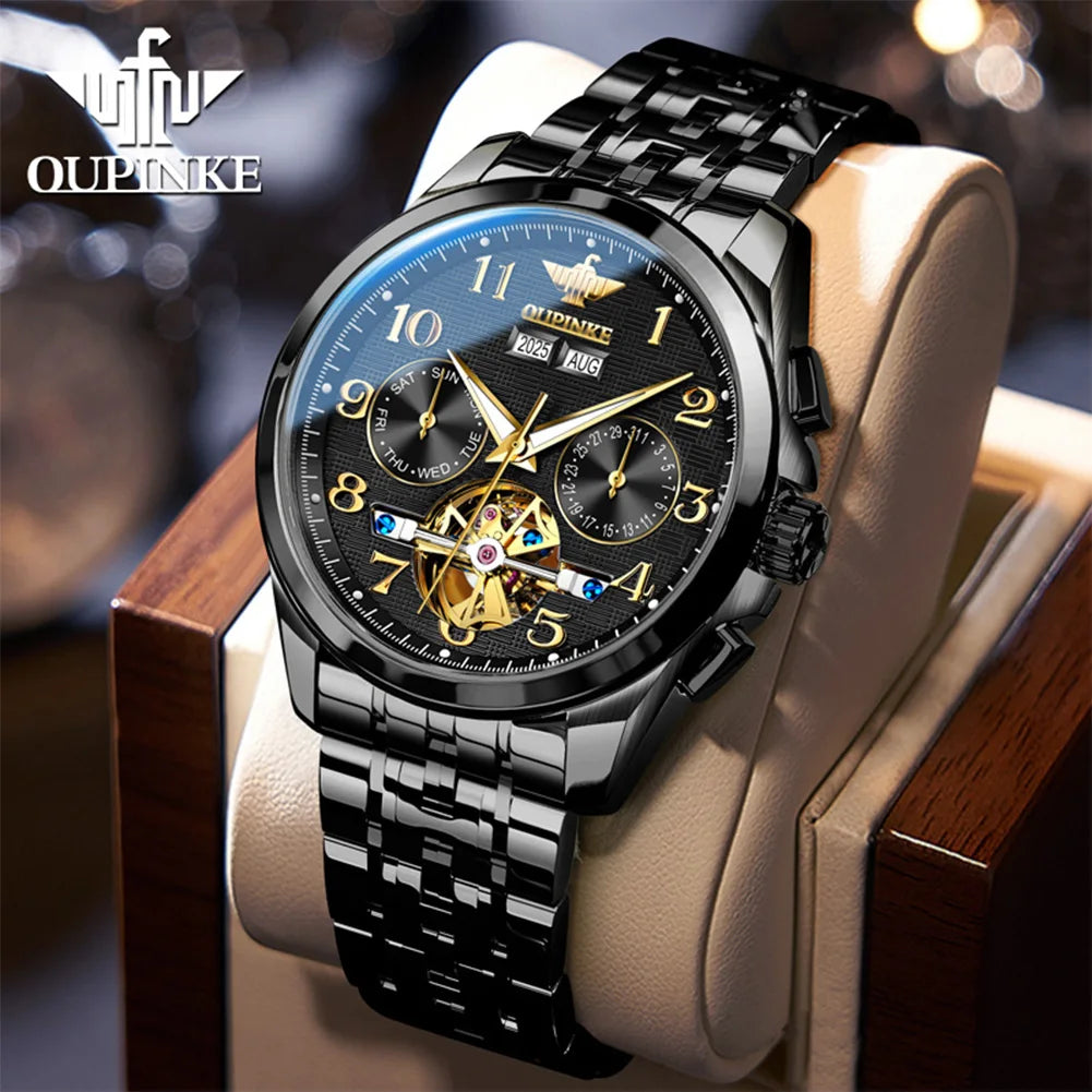 OUPINKE 3263 Mens Watch Luxury Flywheel Automatic Mechanical Watch﻿ 50M Waterproof Luminous Tungsten Steel Brand Watches New