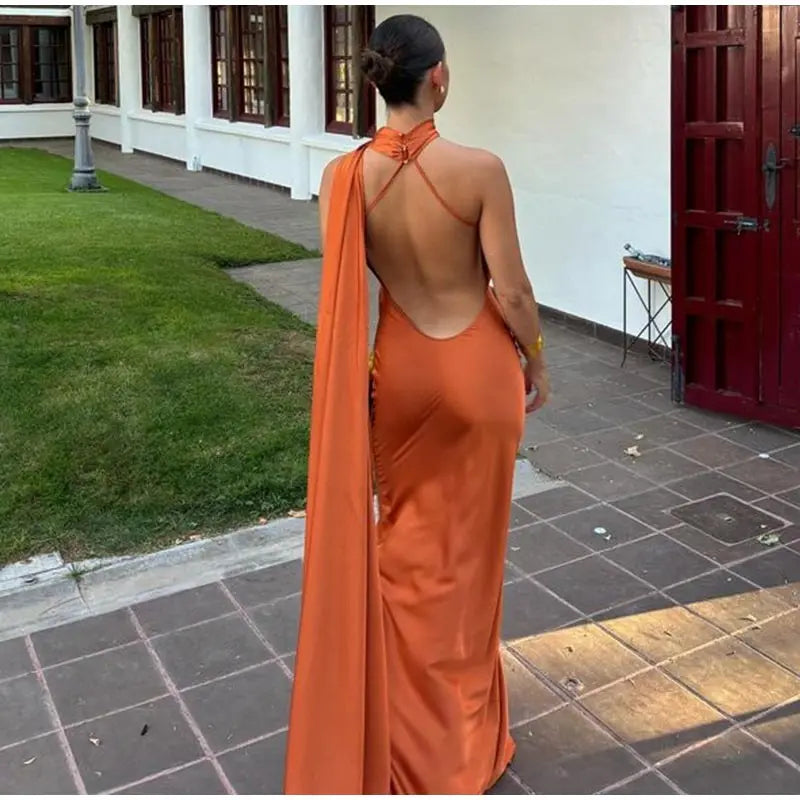 Elegant Ribbon Halter Dress Women Solid Off Shoulder Sleeveless Backless Slim Maxi Dresses 2025 Summer Autumn Party Robes Lady