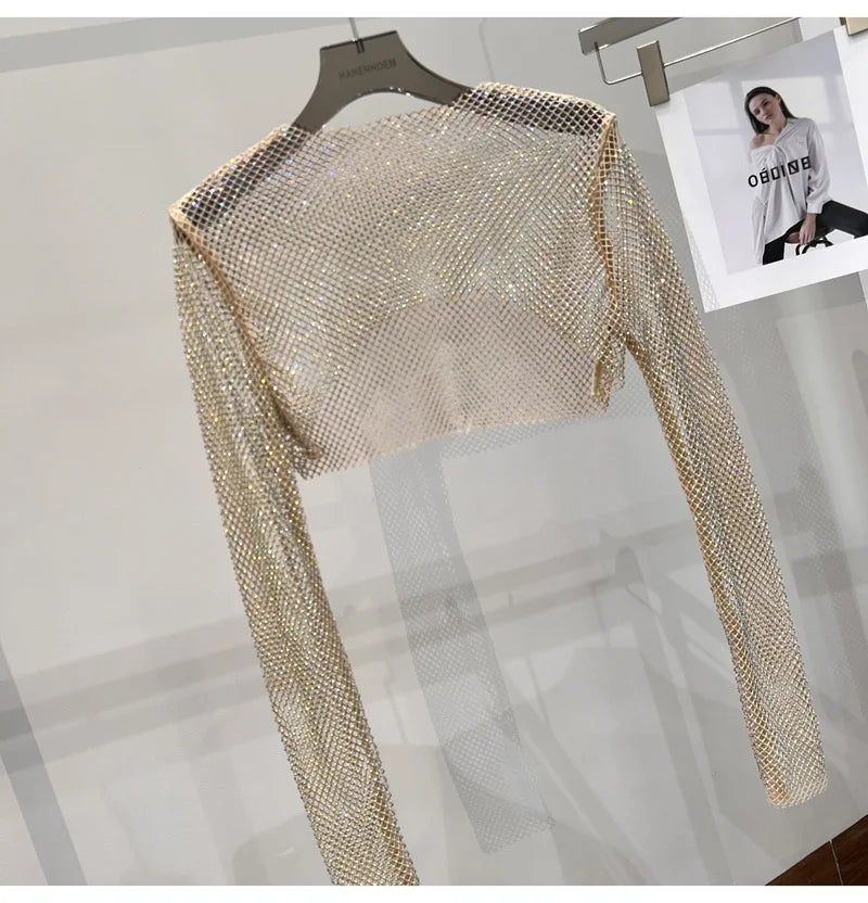 Bright diamond short top Slim thin Ms. hot drill long-sleeved T-shirt sexy leak waist nightclub