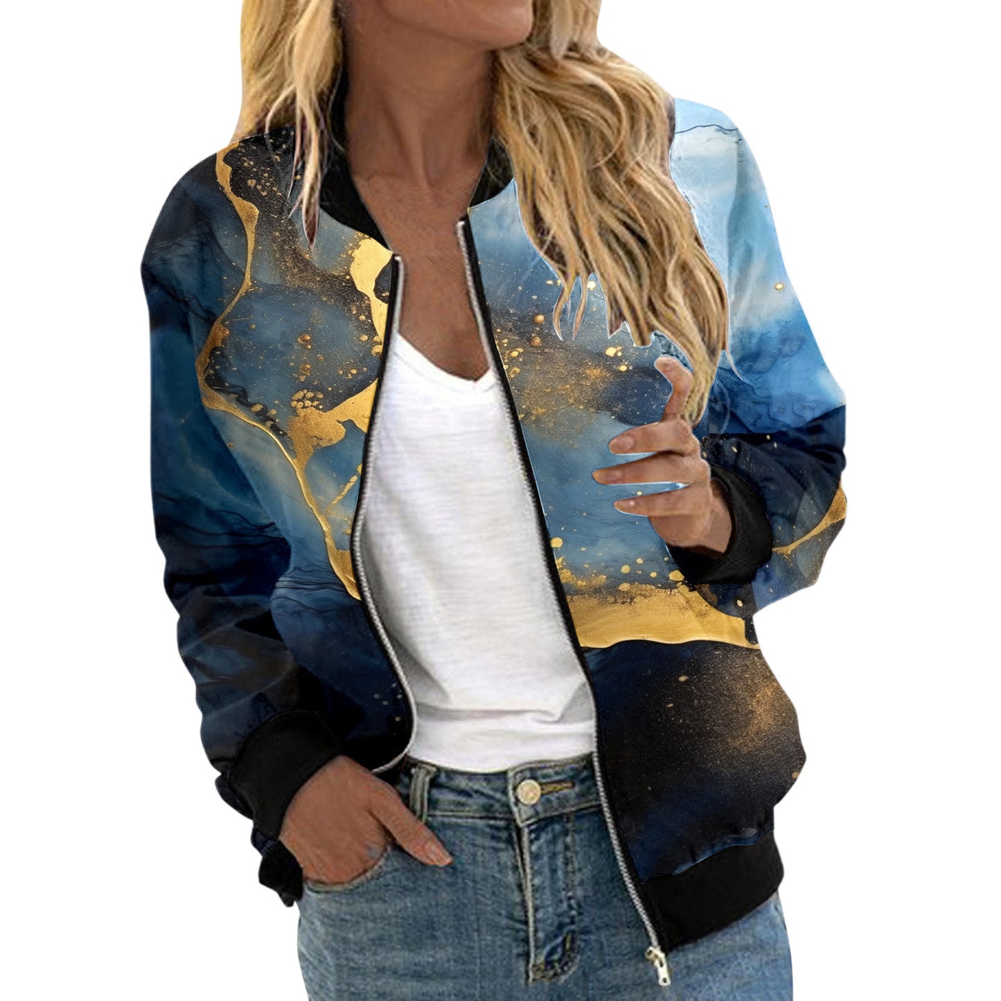 Autumn Bomber Jacket For Women Fashion Flower Print Outwear Stand Collar Zipper Baseball Coat Elegant Slim Basic Ladies Jackets