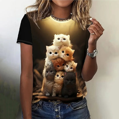 T Shirt Cartoon Animal Print T Shirt Casual O-Neck Short Sleeve Streer Female Summer Loose Tee Tops Y2k Clothing Camisa