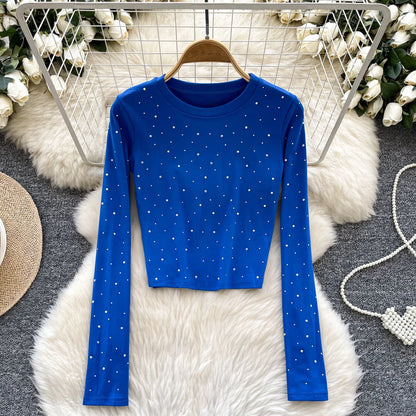 Long Sleeves Hotsweet O-neck Fashion Rhinestone Slim Top French Streetwear Sexy High Street Autumn Winter Women T-Shirts