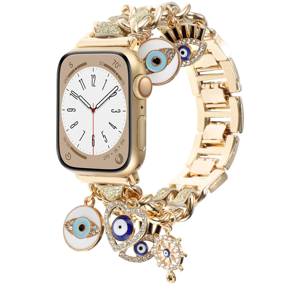 Stylish Metal Charms Watch Strap Compatible with Apple Watch Bands 38/40/41/42/44/45/49mm Replacement Strap with Unique Pendants
