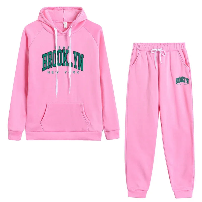 Women's Autumn Winter Casual Sports Jogging Suits Green Brooklyn Printed Hoodies and Sweatpants Girls Urban Fashion Warm Outfits