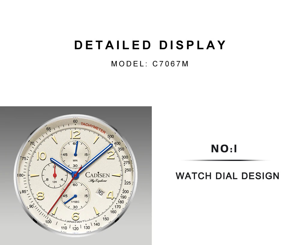 CADISEN New Men's Watches Top Luxury Quartz Watch For Men Canvas 0S10 Chronograph AR Mirror Waterproof Gift Men's Wristwatch