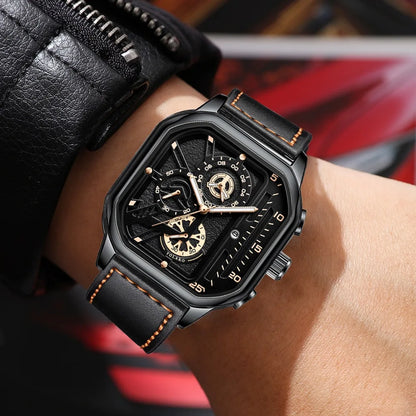 Men Quartz Watches Alloy Dial Business Men Watch PU Leather Strap Big Dial Square Sports Watch Cool Black Wristwatch for Man