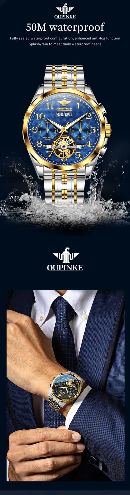 OUPINKE 3263 Mens Watch Luxury Flywheel Automatic Mechanical Watch﻿ 50M Waterproof Luminous Tungsten Steel Brand Watches New