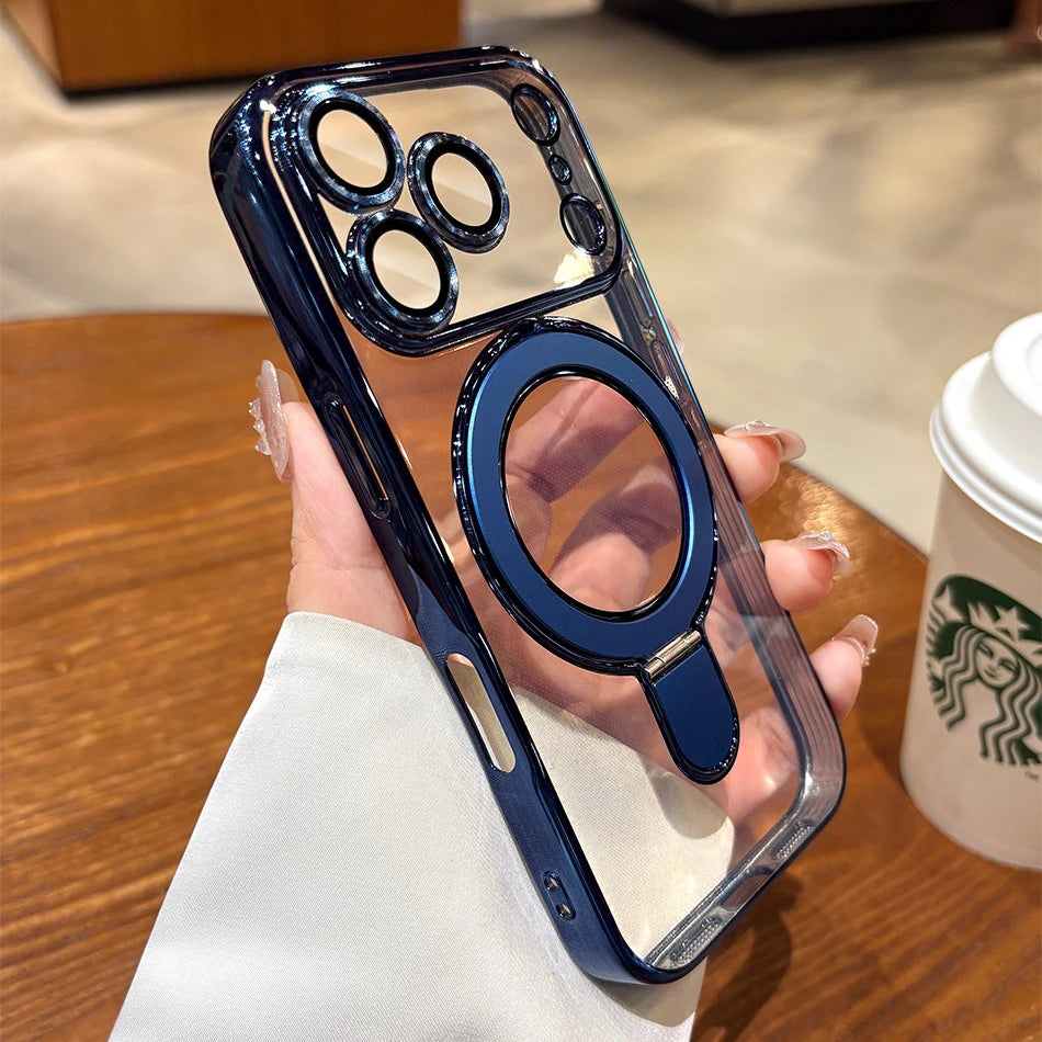 Iphone 17 Air Case Plating Magsafe Magnetic Bracket Case for iPhone 17 16 Pro 13 12 Max 15 14 16 Plus 17PRO Transparent Cove
