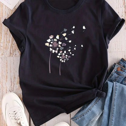 T-shirt Summer Fashion Short sleeved Top Flower Print Loose Clothing Women's Party T-shirt