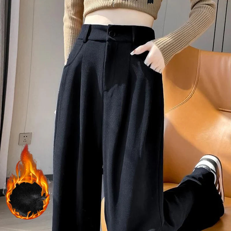 Winter Lady Snow Warm Pants Girls Classic Fleece High Waist Trousers Women Straight Leg Plush Thermal Casual Pants