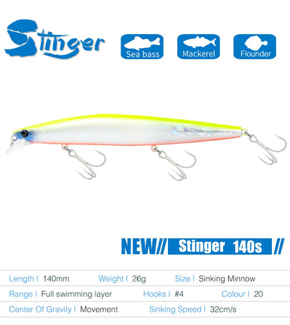 Minnow Sea Fishing Lure STINIGER 140mm 26g Piston Weight Ultra Long Casting Seabass Inshore Hard Baits