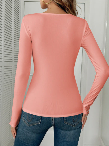 Women's T-Shirt Clothes New Solid Color Collar and Cuffs Splicing Lace Lace Rhinestone Long-sleeved T-shirt Tops Female