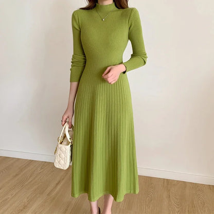 Slim Long Sleeve Party Midi Dress for Women Knitted Half High Collar Elegant Knitted Sweater Dresses Ladies