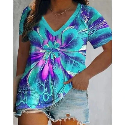 T Shirts 3d Butterfly Print Short Sleeve V-neck Tops Tees Summer Fashion Casual Gradient Girls Oversized Pullover