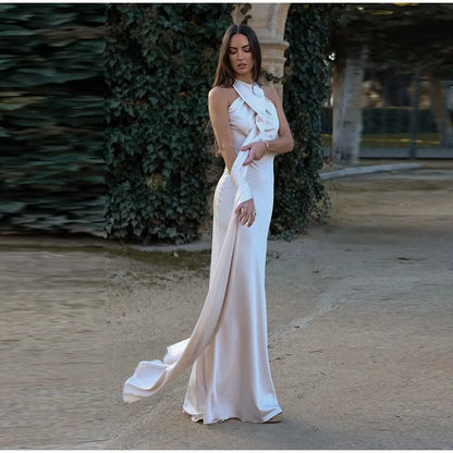 Elegant Ribbon Halter Dress Women Solid Off Shoulder Sleeveless Backless Slim Maxi Dresses 2025 Summer Autumn Party Robes Lady
