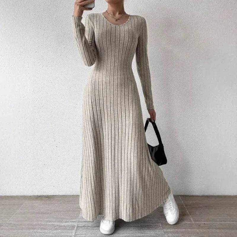 Long Sleeve A- Line Streetwear Dress For Women Smooths And Slims Your Silhouette Solid Color Long Dress