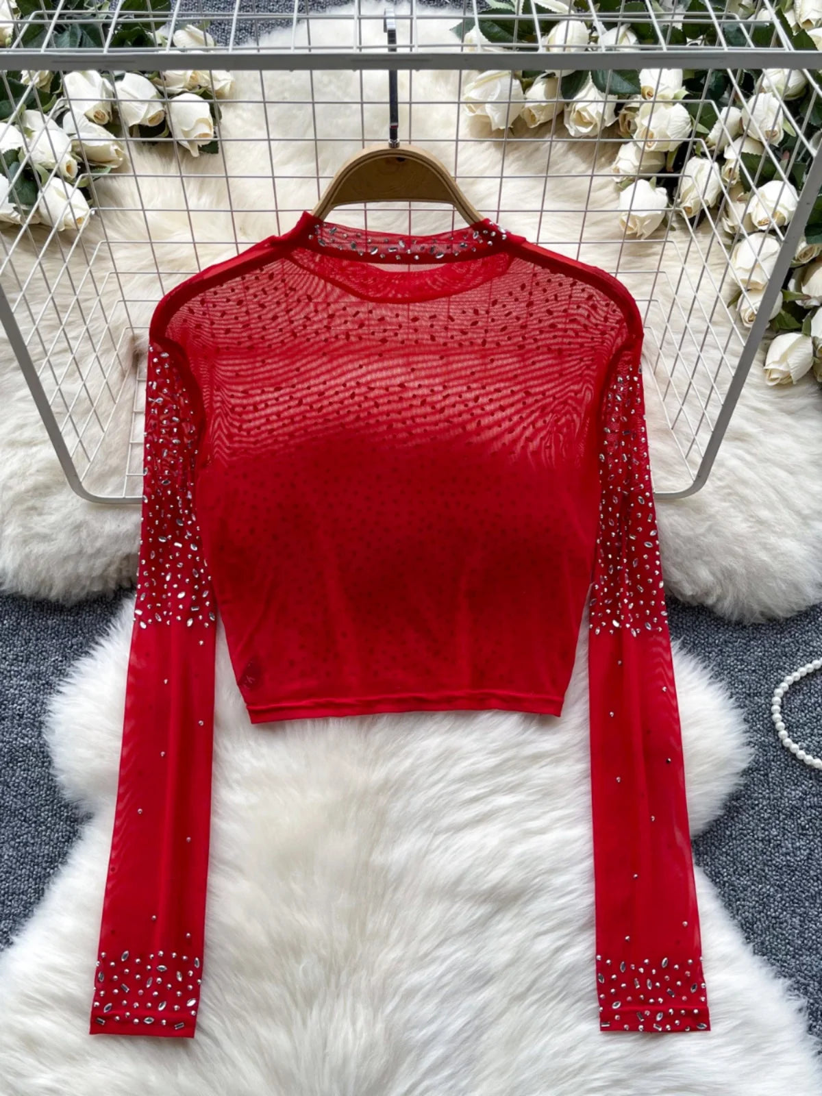 Thin See-tough Long Sve Me T-shirt ort Heavy-du Rhinestone Base irt Korean Sle Creative Pattern