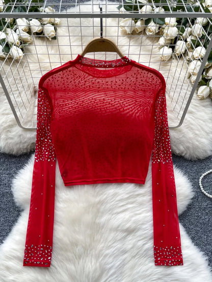 Thin See-tough Long Sve Me T-shirt ort Heavy-du Rhinestone Base irt Korean Sle Creative Pattern