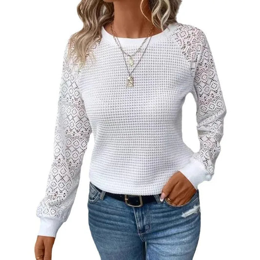 Solid Color Lace Long Sleeve Hollow Neck Casual Women's T-Shirt Top
