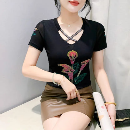 T-shirt For Summer Short Sleeve Pulovers Clothes Casual Aesthetic Cotton Tops Sexy V Neck Zipper Diamonds Tees