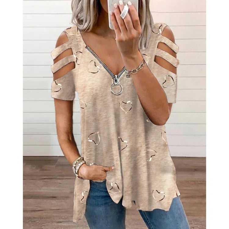 T Shirt for Women Print Top V Neck Short Sleeves Hollow Out Zipper Vintage Streetwear Spring Summer Office Lady 2025 Tees Tops