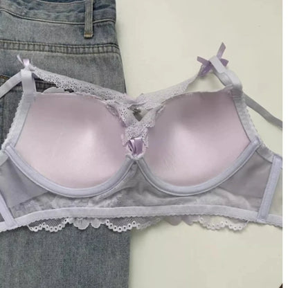 Lingerie Japanese Lace Bra Set, Heart Pendant Purple Lingerie Sexy & Pure Small Chest Push Up Bralette, Fashion Outerwear Design Enhancer