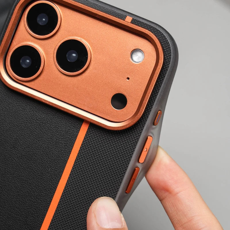 Hit Color PU Leather Texture MagSafe Shockproof Case For iPhone 17 17Pro Max 16 15 14 Alloy Lens Wireless Charging Frosted Cover