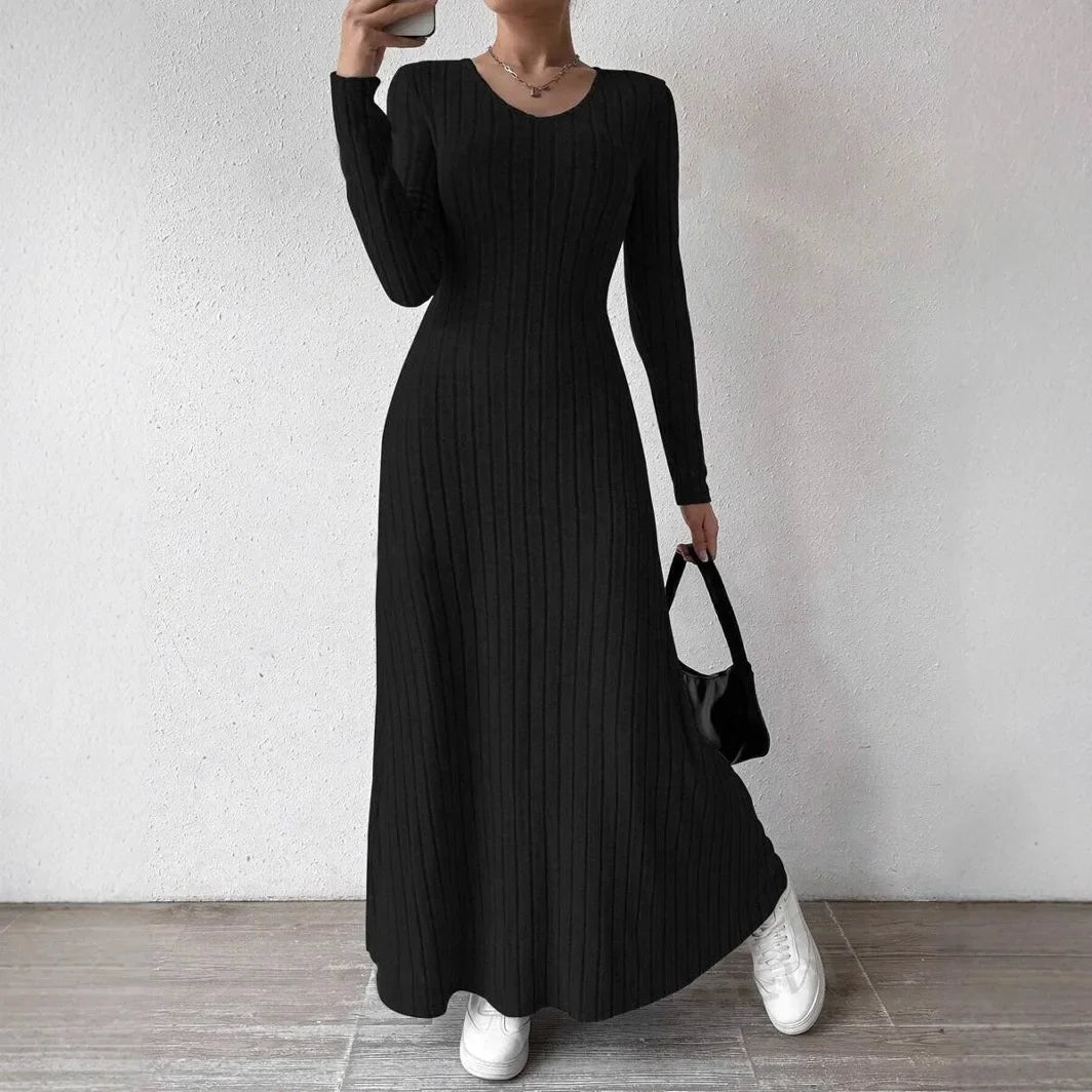 Knitted Long Sleeve A- Line Streetwear Dress For Women Smooths And Slims Your Silhouette Solid Color Long Dress