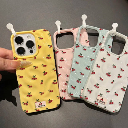 Cute Cherry Folds Texture Phone Case For iPhone 17 16 15 14 13 12 11 Pro Max 16 15 Plus Candy Color Shockproof Soft Back Cover