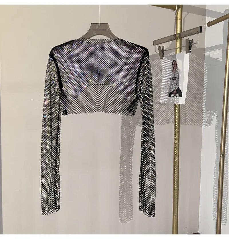 Bright diamond short top Slim thin Ms. hot drill long-sleeved T-shirt sexy leak waist nightclub