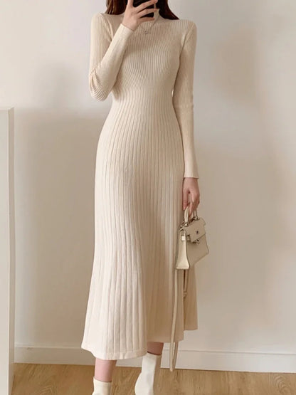 Slim Long Sleeve Party Midi Dress for Women Knitted Half High Collar Elegant Knitted Sweater Dresses Ladies