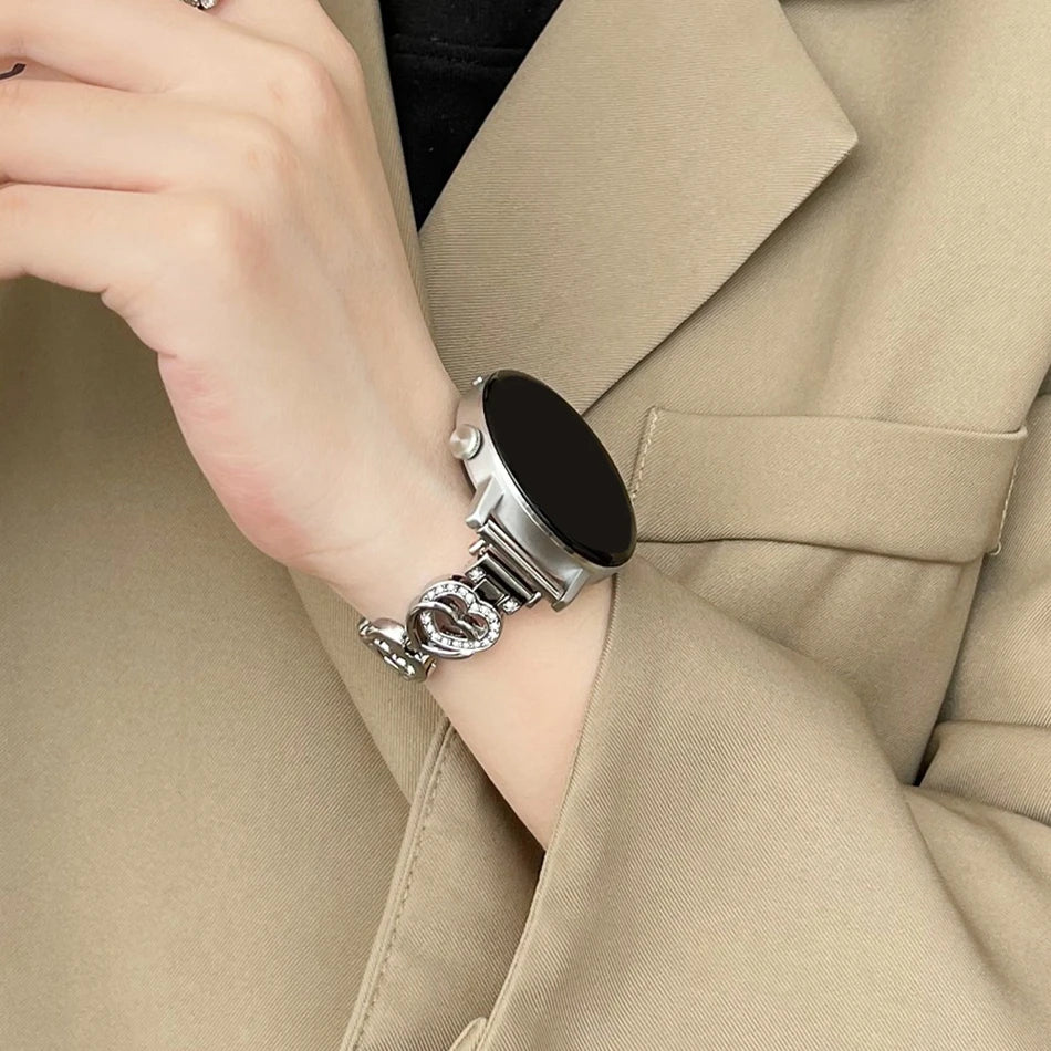 Band For Samsung Galaxy Watch 5/4 6 Classic 5 Pro Fashion Dual Heart Metal Bracelet Strap For Amazfit Bip/GTS Huawei GT2