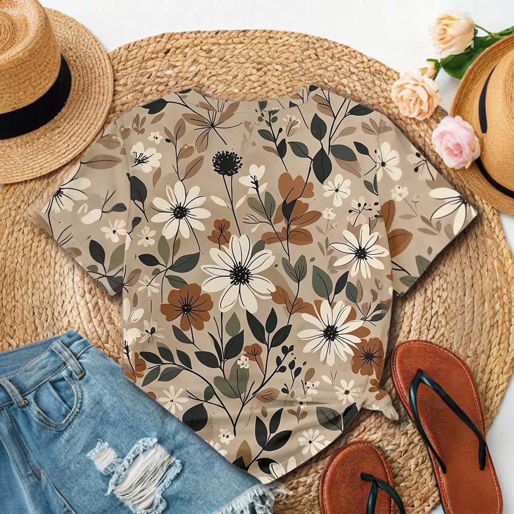 Elegant and artistic light coffee base floral print daily women's summer casual fashion short sleeved T-shirt