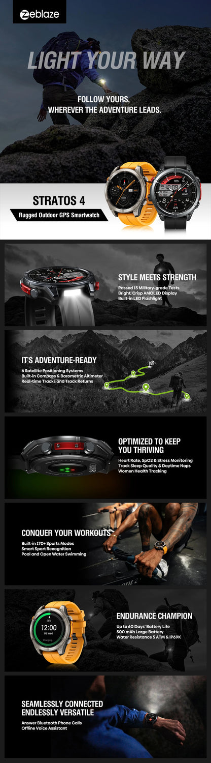 Zeblaze Stratos 4 GPS Smartwatch 1.43" AMOLED Screen Compass Barometric Altimeter Flashlight Voice Calling Smart Watch