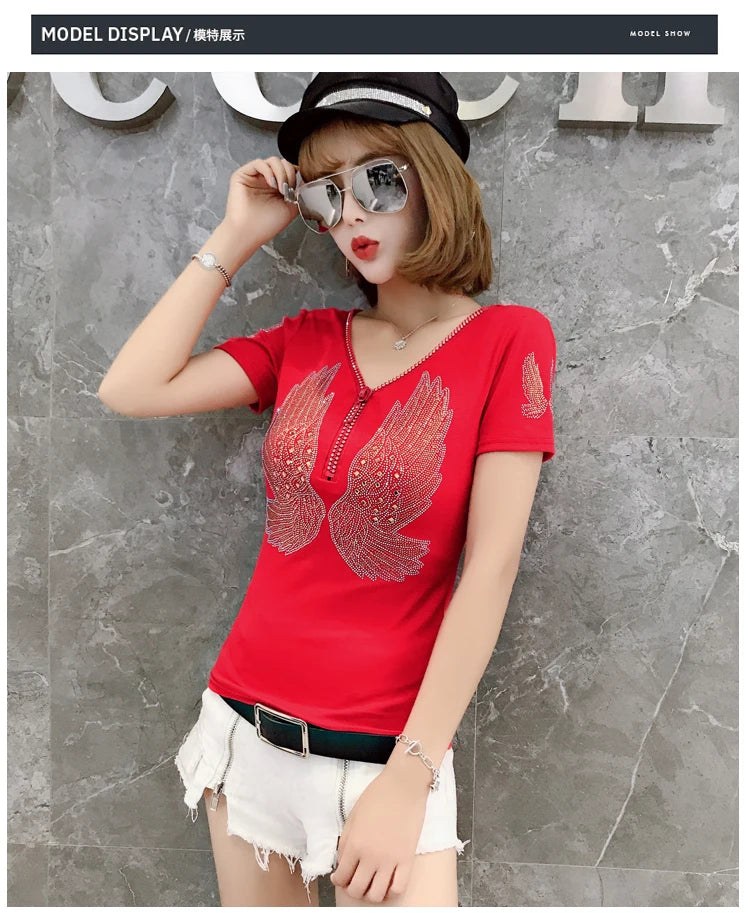 T-shirt For Summer Short Sleeve Pulovers Clothes Casual Aesthetic Cotton Tops Sexy V Neck Zipper Diamonds Tees