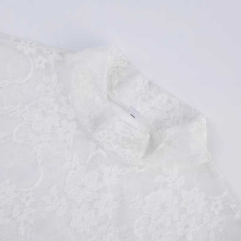 Lace Blouse Shirts Summer Women Turtleneck Long Sleeve See Through Lace Patchwork Thin Tops