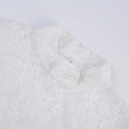 Lace Blouse Shirts Summer Women Turtleneck Long Sleeve See Through Lace Patchwork Thin Tops
