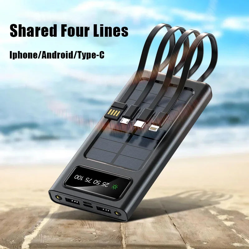 Solar Power Bank 500000mAh Large Capacity Mobile Power Fast Charging Battery With Dual USB 4 Cables For iPhone Samsung