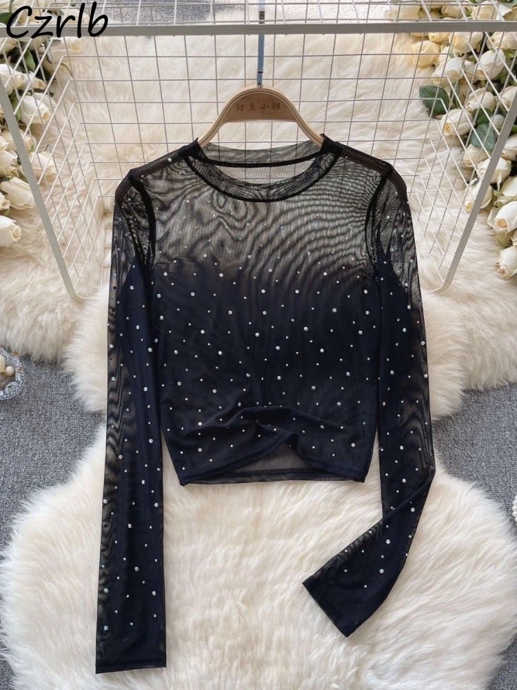 T-shirts Women Cropped Sequins Slim Sheer Solid Spring Summer Sexy Style Cozy Thin O-neck Clubwear European