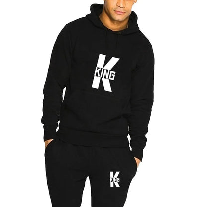 Fashion Lover Couple Clothing Sportwear Set KING QUEEN Printed Hooded Clothes 2PCS Set Women Hoodie and Pants Suit Hoodies