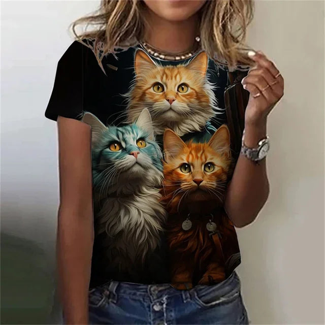 T-shirt 3D Printed Kawaii Cat Pattern Short Sleeved Round neck Top Summer Outdoor Casual Street Simple Clothing