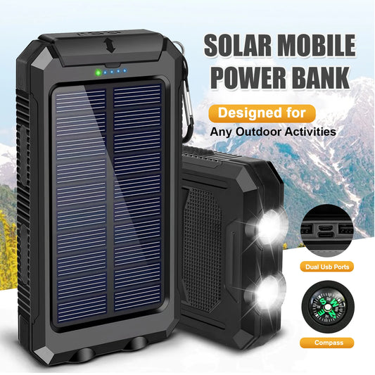 30000mAh Solar Power Bank Portable Charging Poverbank Dual 5V USB Ports 2 LED Light Flashlight for Iphone Outdoor Camping Hik