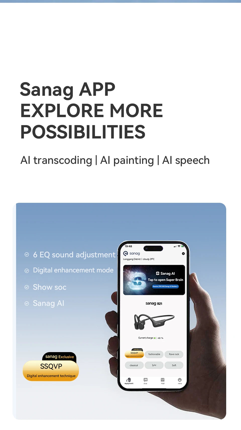 Sanag B21S Bone Conduction Wireless Earphones Bluetooth 5.4 HiFi Bass Headphones IPX5 Waterproof Running Sports Earbuds