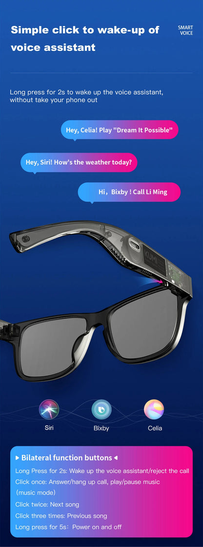 KUMI Meta V1 Smart Glasses IPX4 Waterproof Bluetooth glasses Bluetooth Call 5.0 listen to the music last for about 8 hours Blue